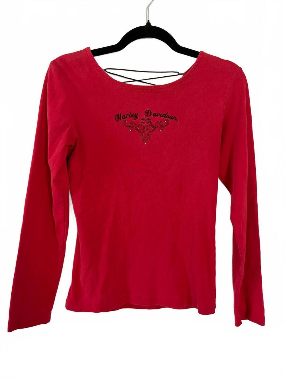 Harley-Davidson Top Women's Size M Red Long Sleeve Lace-Up Back Scoop Neck